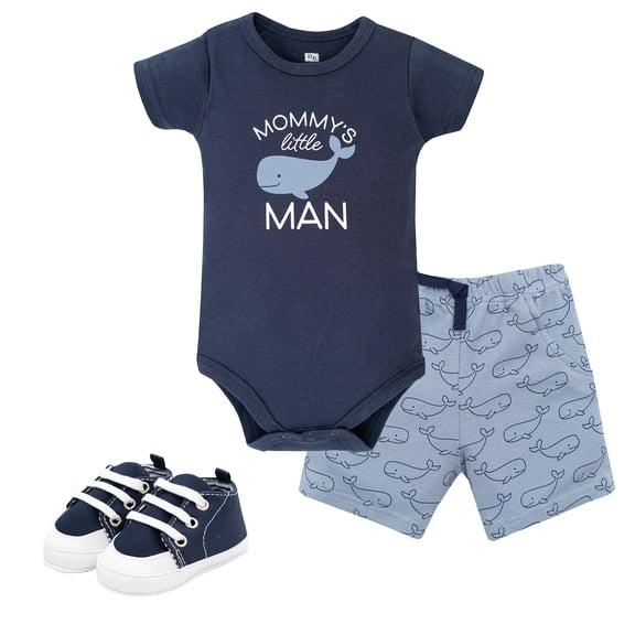 Hudson Baby Boy Cotton Bodysuit, Shorts and Shoe Set, Mommys Little Whale, 3-6 Months