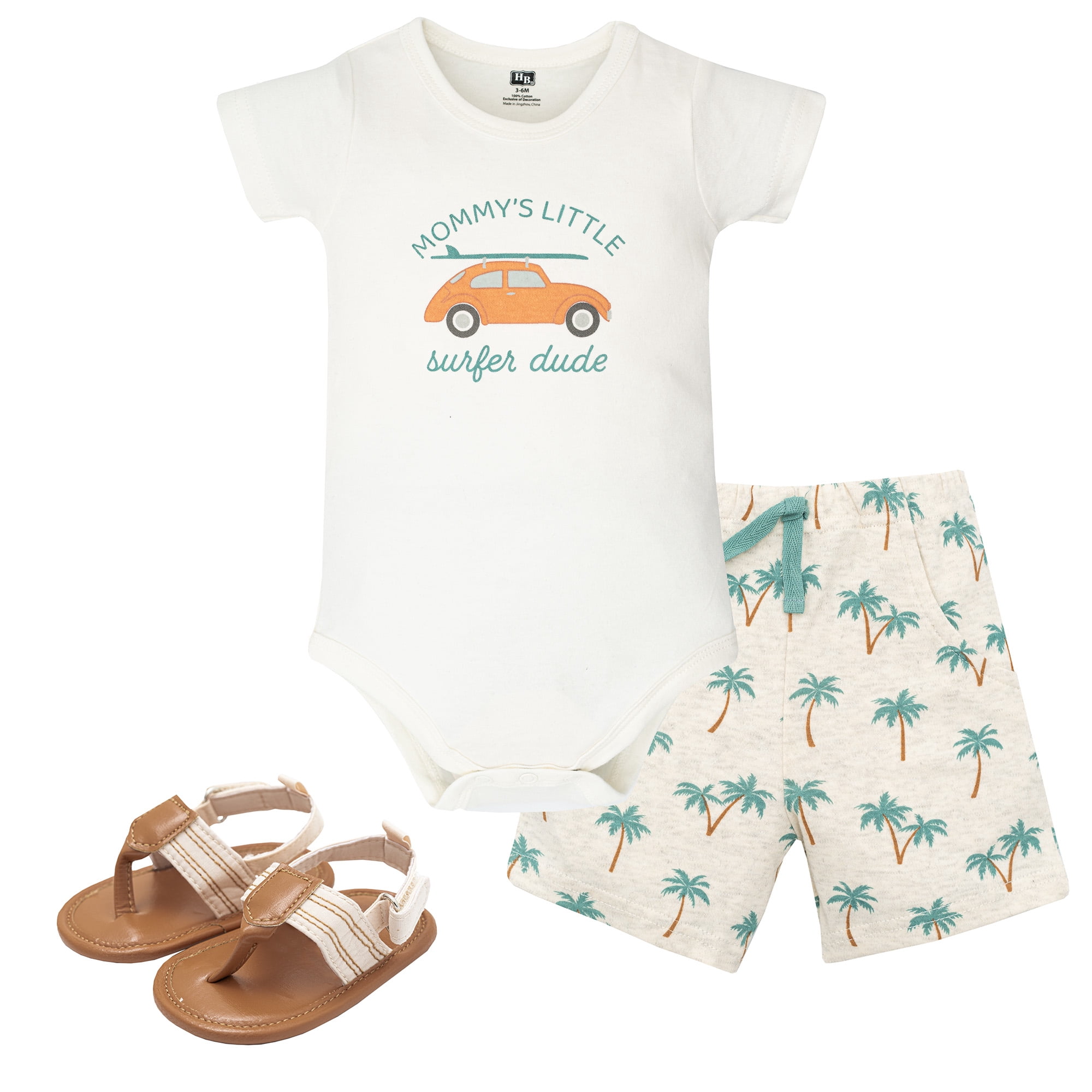 Hudson Baby Boy Cotton Bodysuit, Shorts and Shoe Set, Mommys Surfer Dude, 0-3 Months