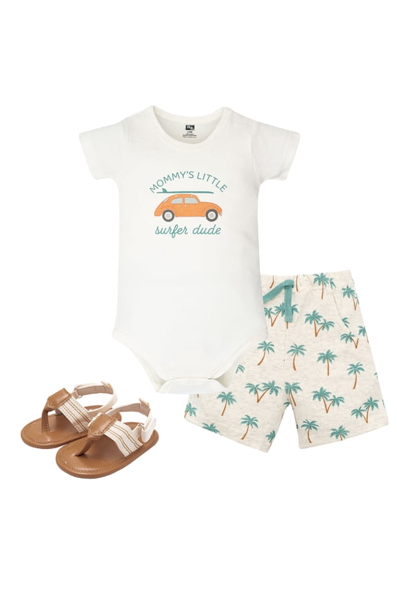 Boy Cotton Bodysuit, Shorts and Shoe Set, Mommys Surfer Dude, 6-9 Months