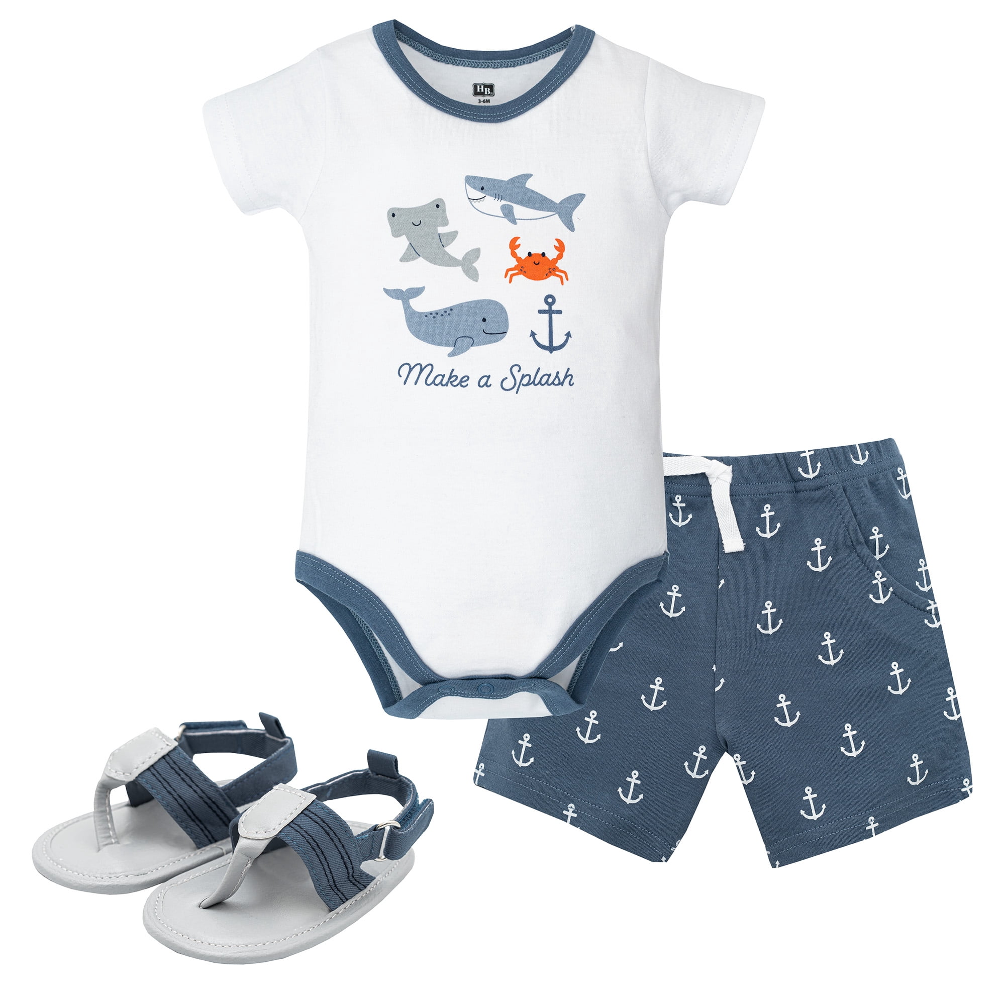 Hudson Baby Boy Cotton Bodysuit, Shorts and Shoe Set, Ocean Animals, 3-6 Months