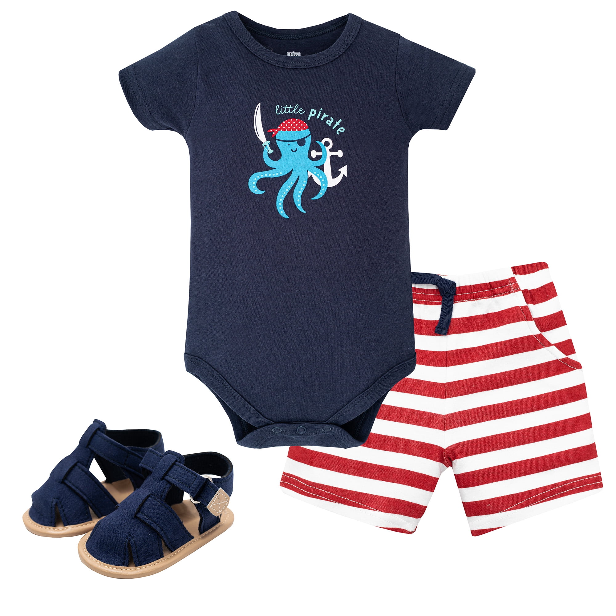 Hudson Baby Boy Cotton Bodysuit, Shorts and Shoe Set, Pirate Octopus, 12-18 Months