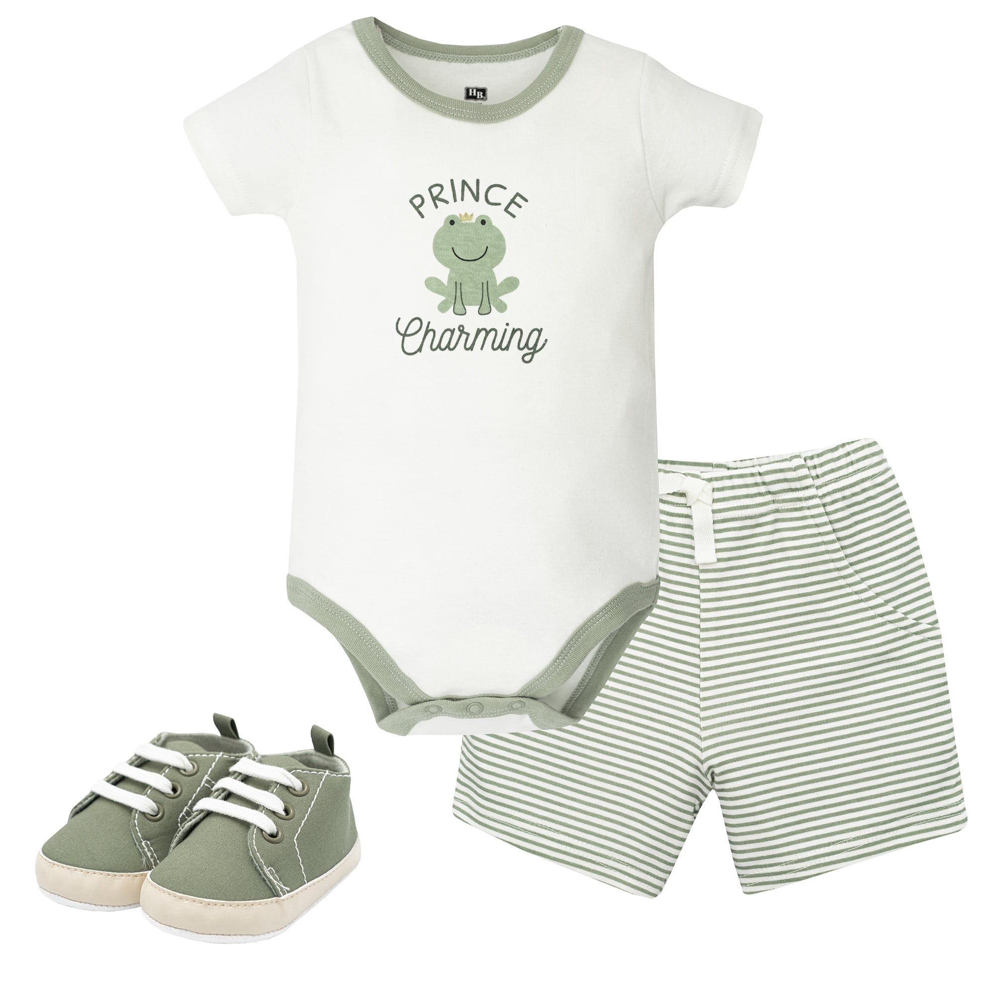 Hudson Baby Boy Cotton Bodysuit, Shorts and Shoe Set, Prince Frog, 9-12 Months