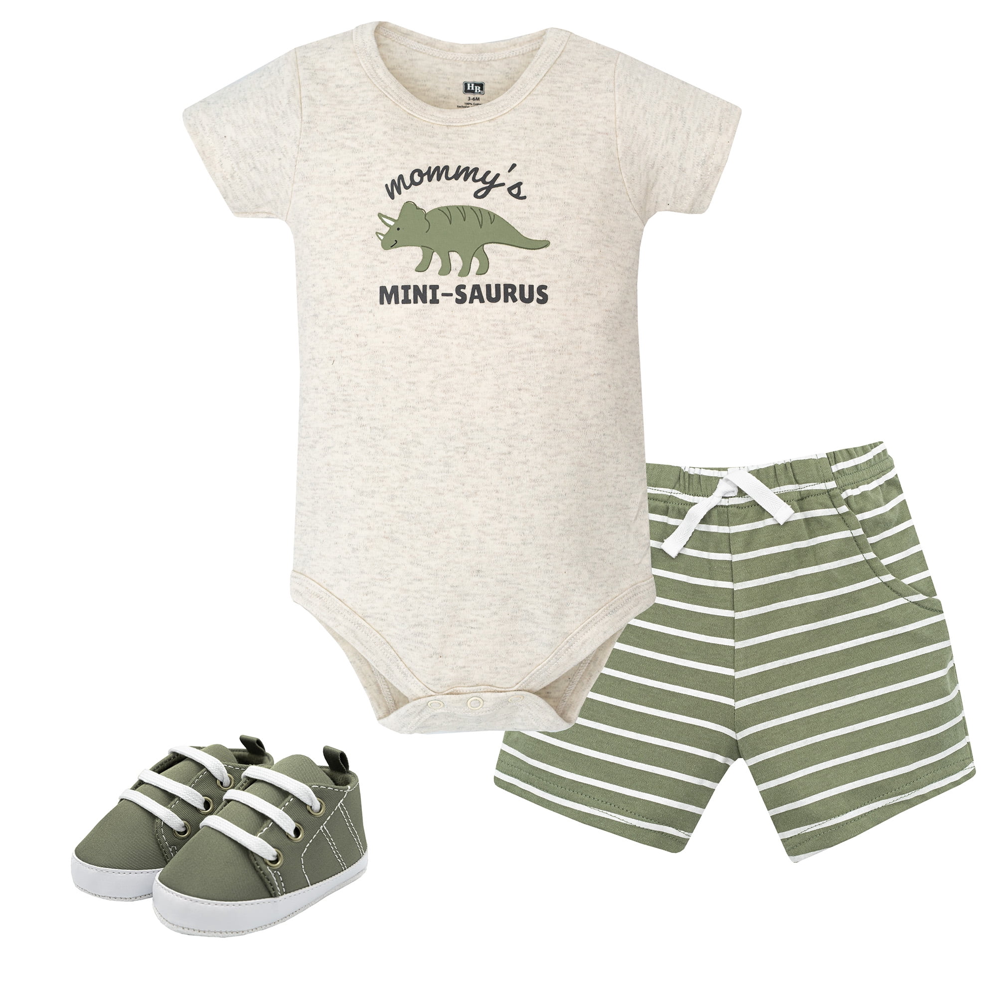 Hudson Baby Boy Cotton Bodysuit, Shorts and Shoe Set, Sage Dino, 6-9 Months