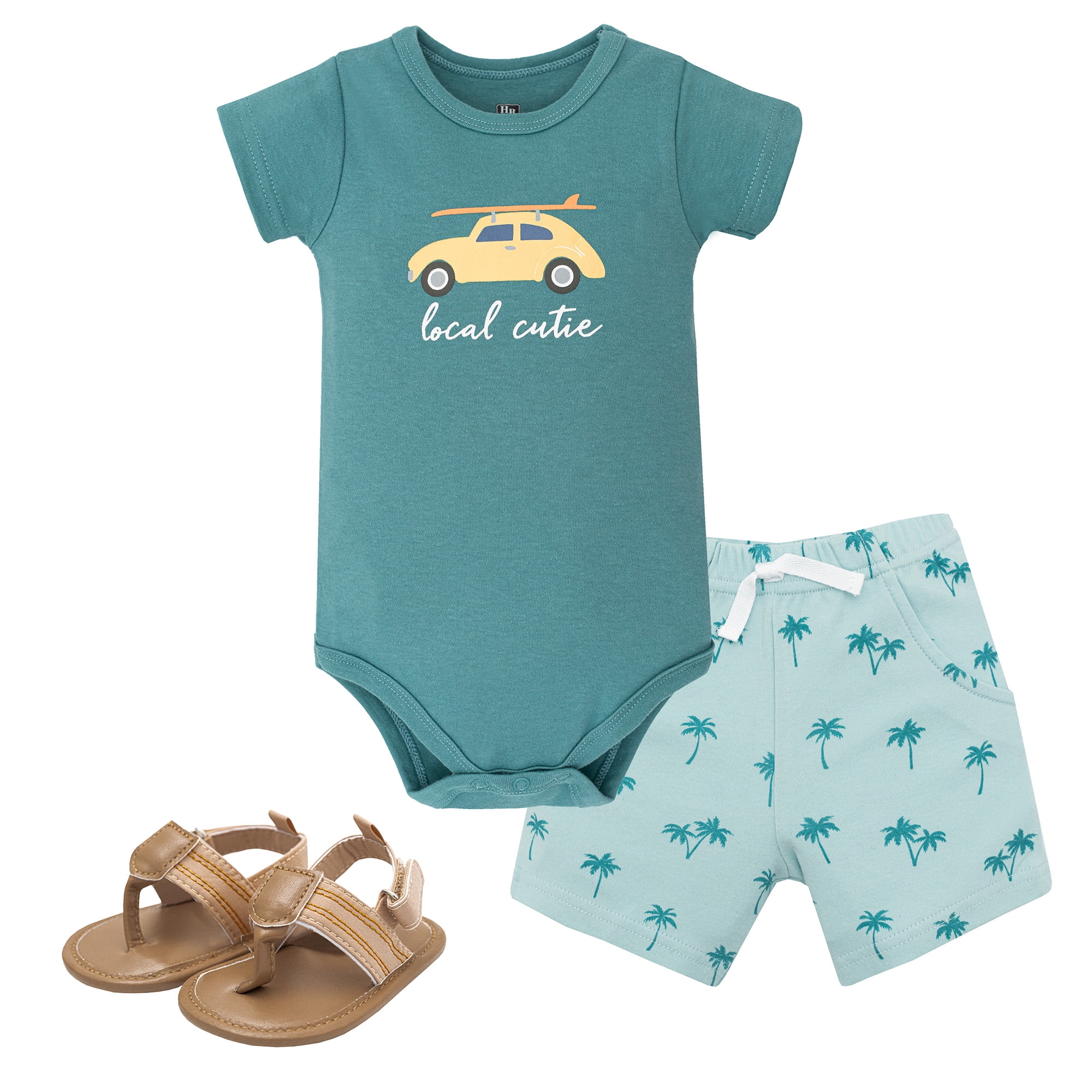 Hudson Baby Boy Cotton Bodysuit, Shorts and Shoe Set, Surf Car Local Cutie, 0-3 Months