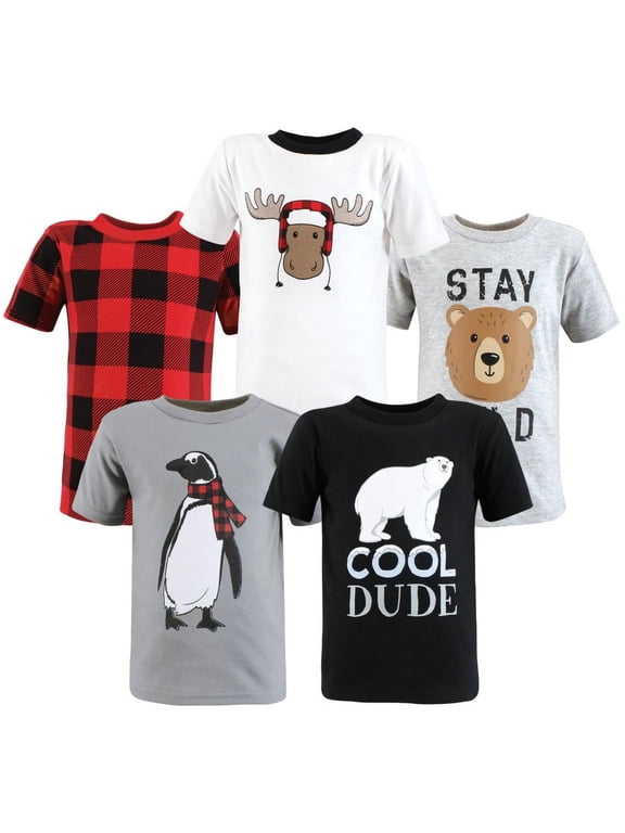 Boy Short Sleeve T-Shirts, Winter Penguin Moose, 4 Toddler