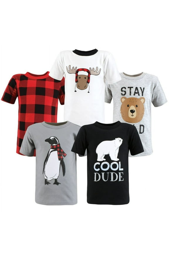 Boy Short Sleeve T-Shirts, Winter Penguin Moose, 5 Toddler