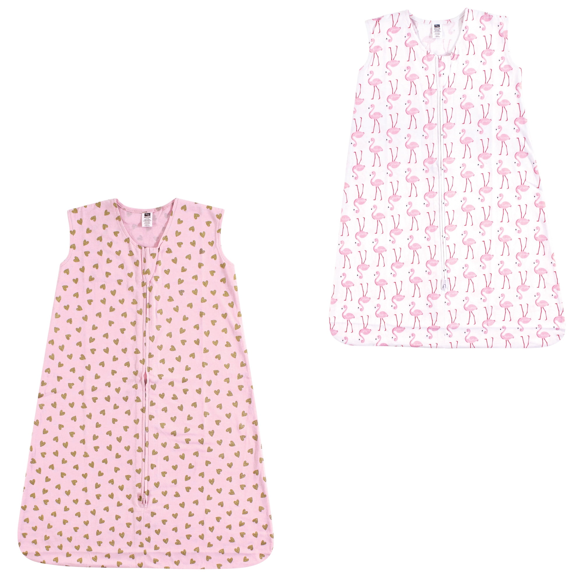 Hudson Baby Boy and Girl Jersey Cotton Sleeping Bag 2 Pack, Gold Hearts and Flamingo, 0-6 Months