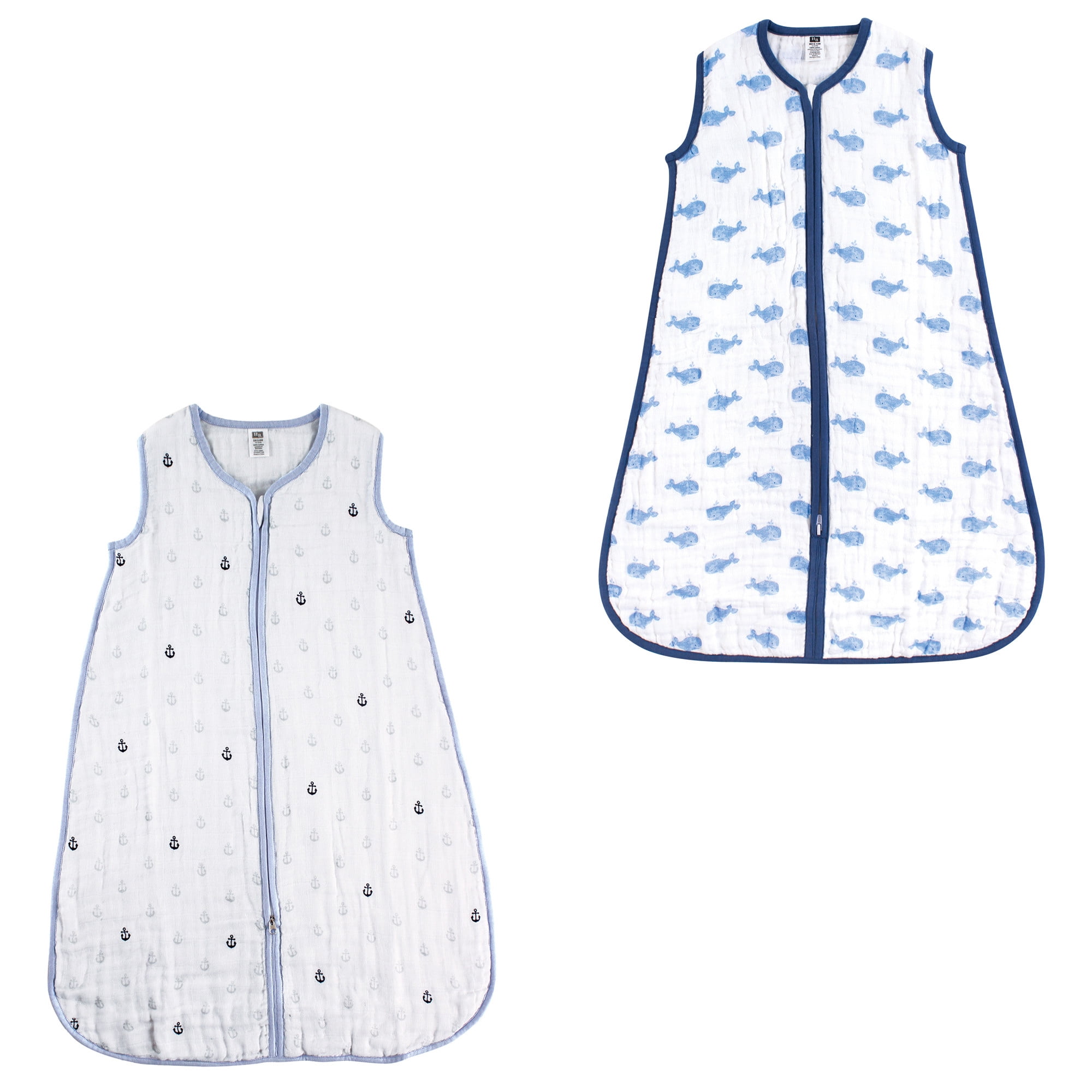 Hudson Baby Boy and Girl Muslin Sleeping Bag 2 Pack, Blue Whale and Blue Anchors, 6-12 Months