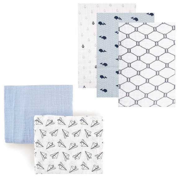 Hudson Baby Boys' Muslin Swaddle Blanket, 5-Pack, Choose Your Color