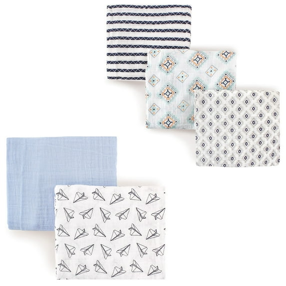 Hudson Baby Boys' Muslin Swaddle Blanket, 5-Pack, Choose Your Color
