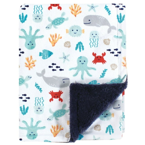 Hudson Baby Boys Plush Blanket with Furry Binding and Back, Sea Characters, One Size