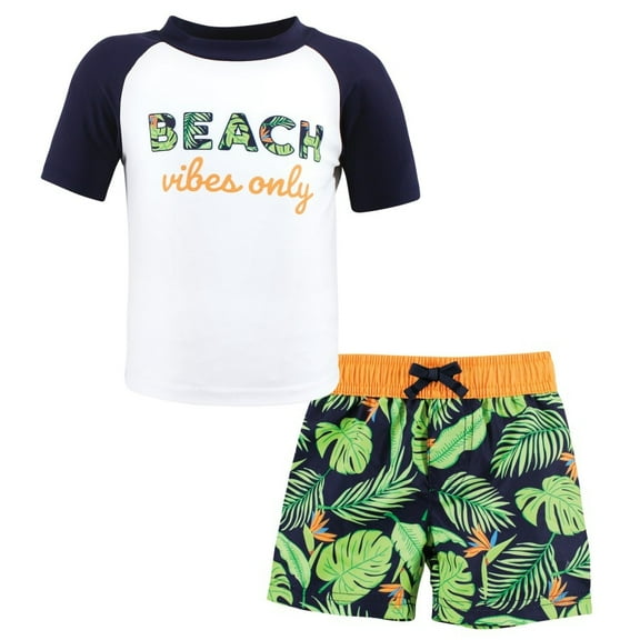Hudson Baby Boys Swim Rashguard Set, Navy Palm, 12-18 Months