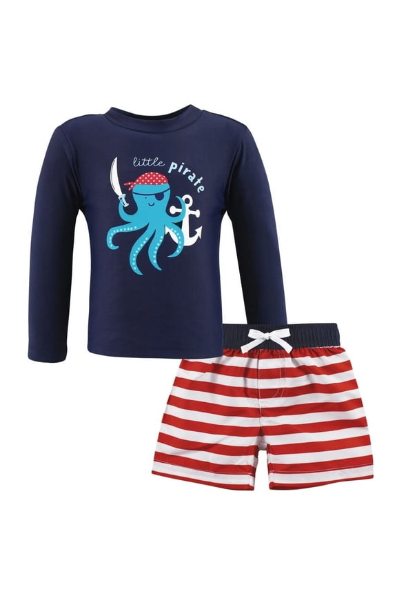Boys Swim Rashguard Set, Pirate Octopus, 9-12 Months