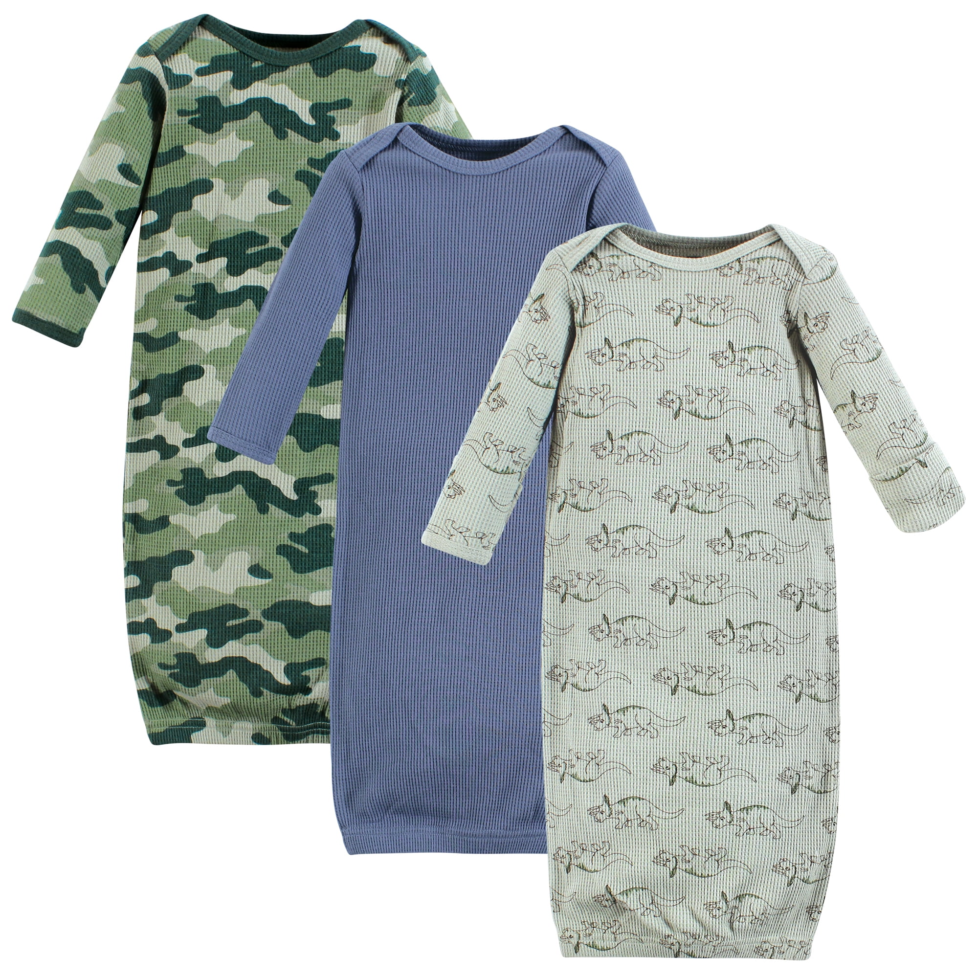 Hudson Baby Boys Thermal Gown 3pk, Sage Dinosaur, Preemie