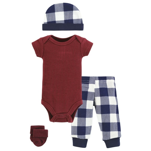 Hudson Baby Boys Thermal Preemie Layette Set 4pc Short Sleeve Outfit, Navy Plaid, Preemie