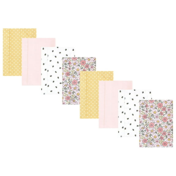 Hudson Baby Boys and Girls Cotton Poly Flannel Burp Cloths 8-Pack, Pink Yellow Pretty Floral, One Size