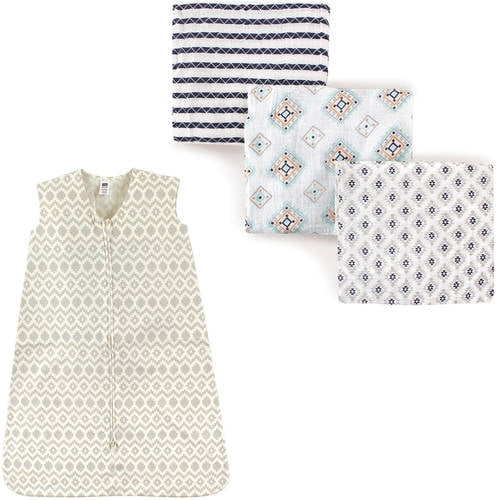 Hudson Baby Boys' and Girls' Muslin Swaddle Blanket (3-Pack) and Wearable Cotton Jersey Sleeping Bag, Choose Your Color and Size