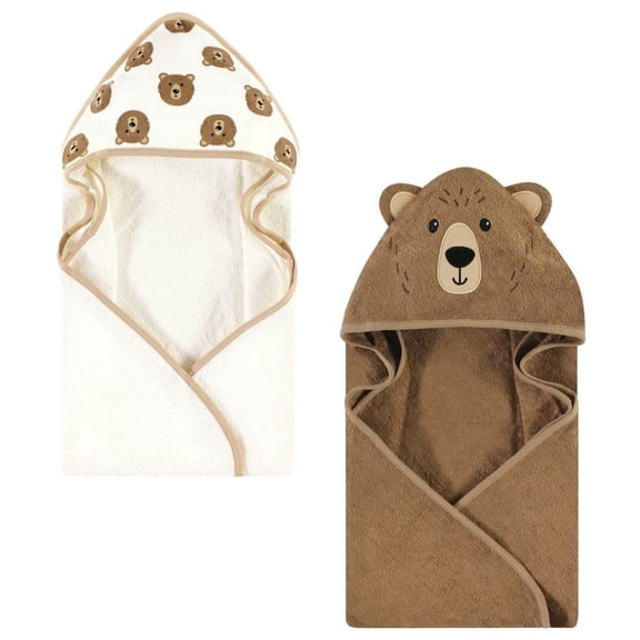 Hudson Baby Cotton Animal Face Hooded Towel, Brown Bear 2-Pack, One Size