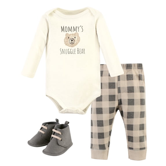 Hudson Baby Cotton Bodysuit, Pant and Shoe Set, Snuggle Bear Long Sleeve, 6-9 Months