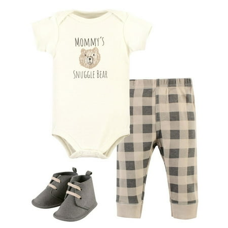 Hudson Baby Cotton Bodysuit, Pant and Shoe Set, Snuggle Bear Short Sleeve, Newborn