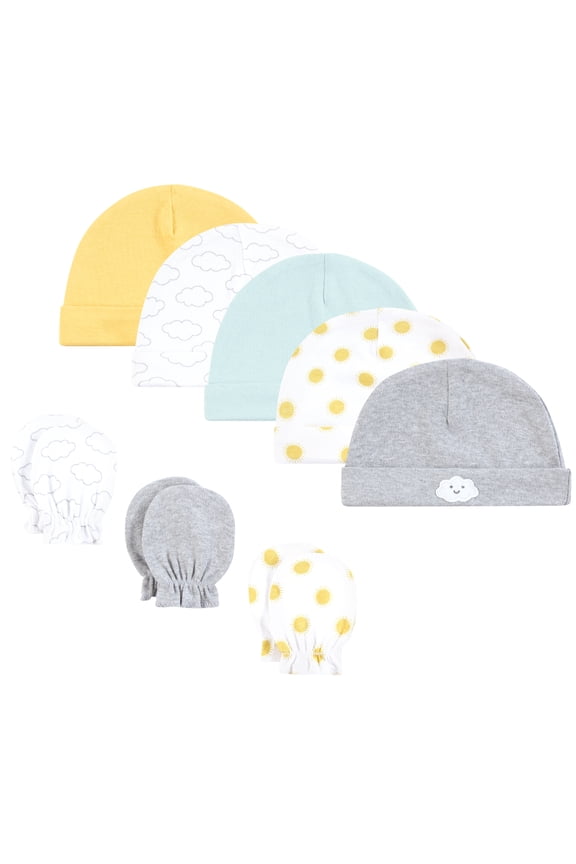 Cotton Cap and Scratch Mitten Set, Sunshine And Clouds, 0-6 Months