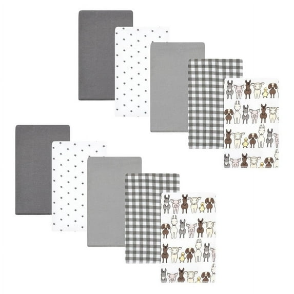 Hudson Baby Cotton Flannel Burp Cloths, Farm Friends Grey 10-Pack, One Size