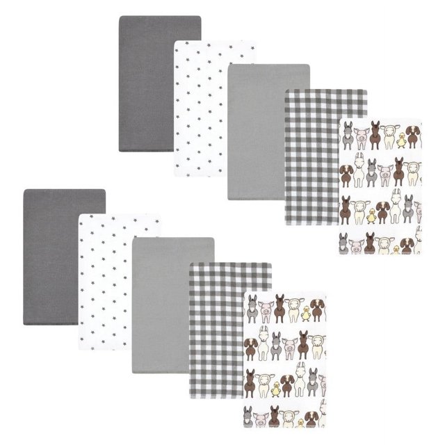 Hudson Baby Cotton Flannel Burp Cloths, Farm Friends Grey 10Pack, One
