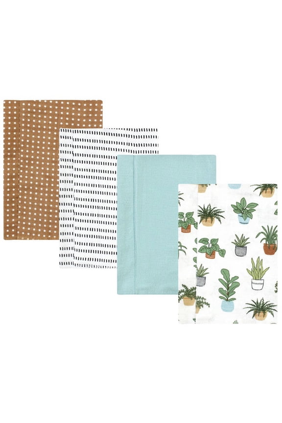 Cotton Flannel Burp Cloths, Plants 4 Pack, One Size