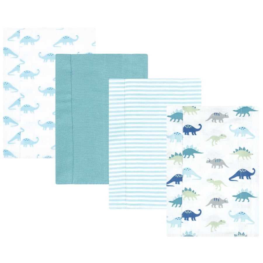 Hudson Baby Unisex Baby Cotton Poly Flannel Burp Cloths, Soft Teal Dino 4 Pack, One Size