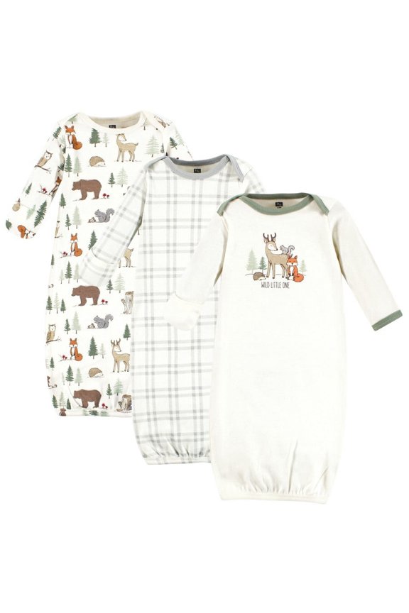 Cotton Gowns, Forest Animals, 0-6 Months, 3- Piece