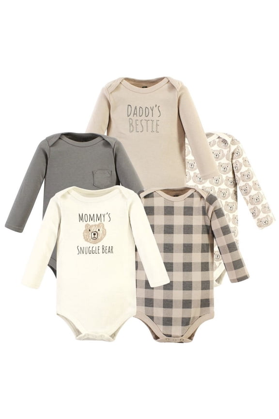 Cotton Long-Sleeve Bodysuits, Snuggle Bear 5 Pack, Preemie