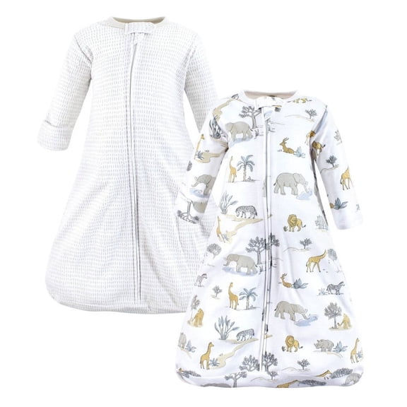 Hudson Baby Cotton Long-Sleeve Wearable Sleeping Bag, Sack, Blanket, Neutral Safari World Long Sleeve, 12-18 Months