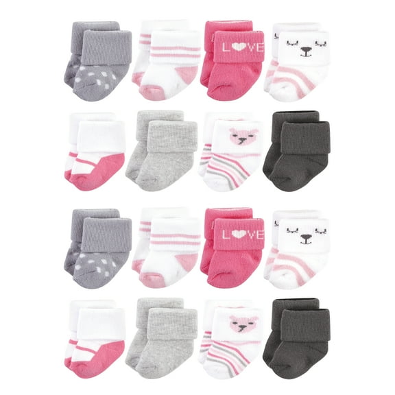 Hudson Baby Cotton Rich Baby Terry Socks 16-Pack, Bear Girl, 6-12 Months