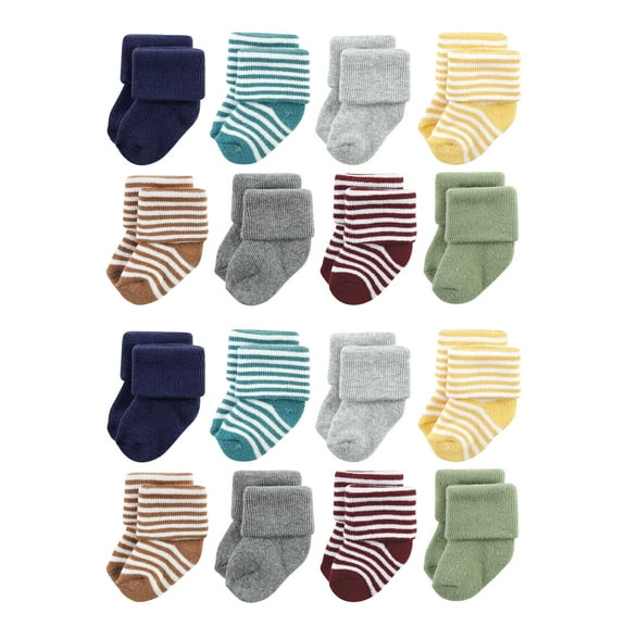 Hudson Baby Cotton Rich Baby Terry Socks 16-Pack, Dark Earth Tone Stripes, 0-6 Months