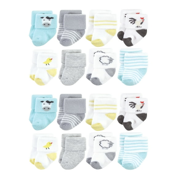 Hudson Baby Cotton Rich Baby Terry Socks 16-Pack, Farm, 0-6 Months