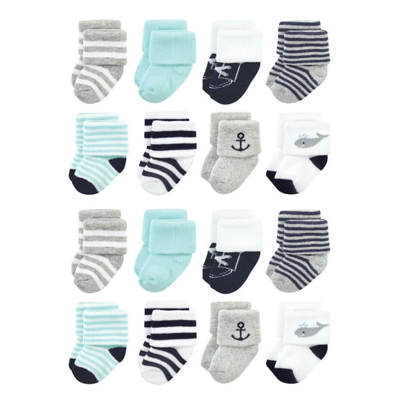 Hudson Baby Cotton Rich Baby Terry Socks 16-Pack, Mint Whale, 6-12 Months