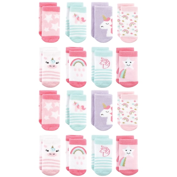 Hudson Baby Cotton Rich Baby Terry Socks 16-Pack, Multicolor Unicorn, 6-12 Months