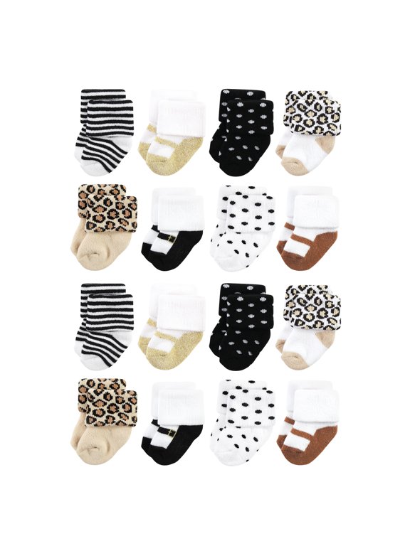 Cotton Rich Baby Terry Socks 16-Pack, Neutral Leopard, 6-12 Months