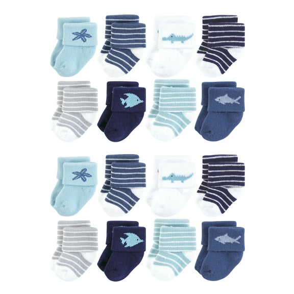 Hudson Baby Cotton Rich Baby Terry Socks 16-Pack, Ocean Friends, 0-6 Months
