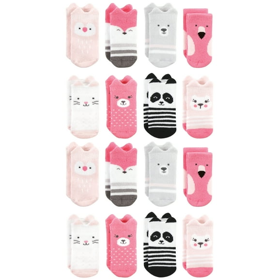 Hudson Baby Cotton Rich Baby Terry Socks 16-Pack, Pink Animals, 6-12 Months