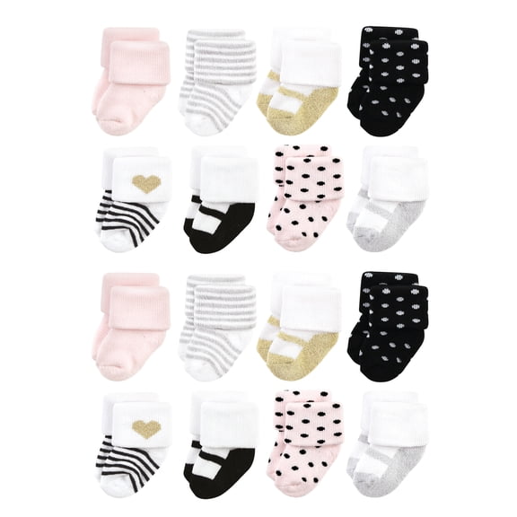 Hudson Baby Cotton Rich Baby Terry Socks 16-Pack, Silver Gold Pink, 0-6 Months
