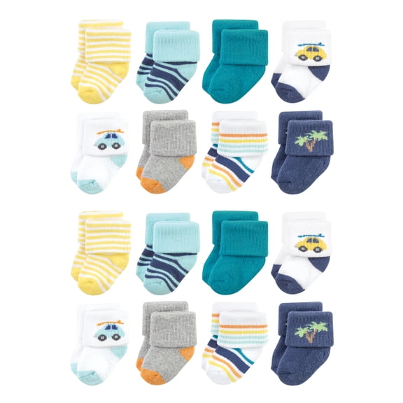 Hudson Baby Cotton Rich Baby Terry Socks 16-Pack, Surf Dude, 0-6 Months