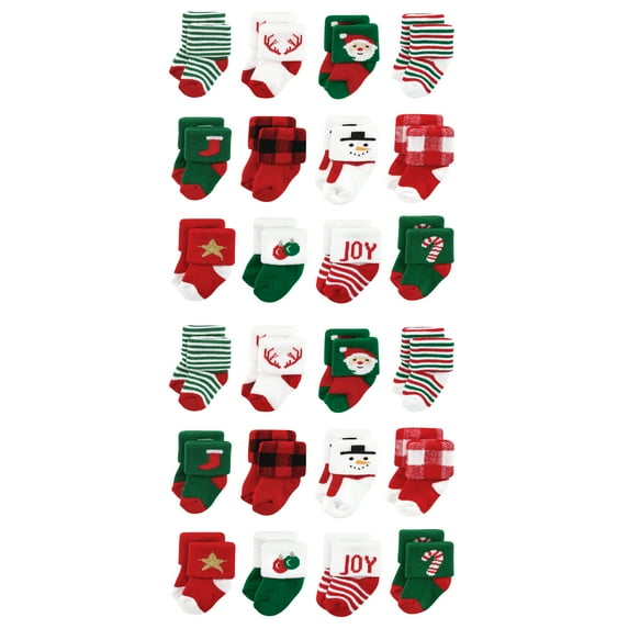 Hudson Baby Cotton Rich Baby Terry Socks 24-Pack, 12 Days Of Christmas Santa, 12-24 Months