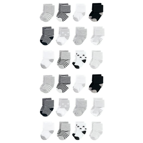 Hudson Baby Cotton Rich Baby Terry Socks 24-Pack, Gray Black Stars, 6-12 Months
