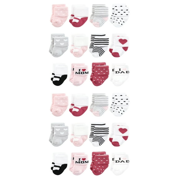 Hudson Baby Cotton Rich Baby Terry Socks 24-Pack, Mom and Dad Girl Pink Black, 6-12 Months