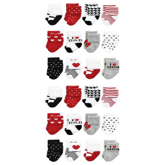 Hudson Baby Cotton Rich Baby Terry Socks 24-Pack, Mom and Dad Girl Red Black, 0-6 Months