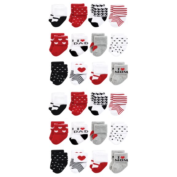 Hudson Baby Cotton Rich Baby Terry Socks 24-Pack, Mom and Dad Girl Red Black, 6-12 Months