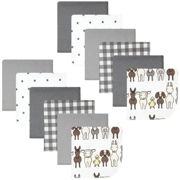 Hudson Baby Flannel Cotton Washcloths, Farm Friends Grey 12-Pack, One Size