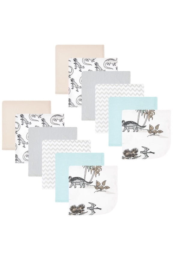 Flannel Cotton Washcloths, Neutral Dino World 12-Pack, One Size