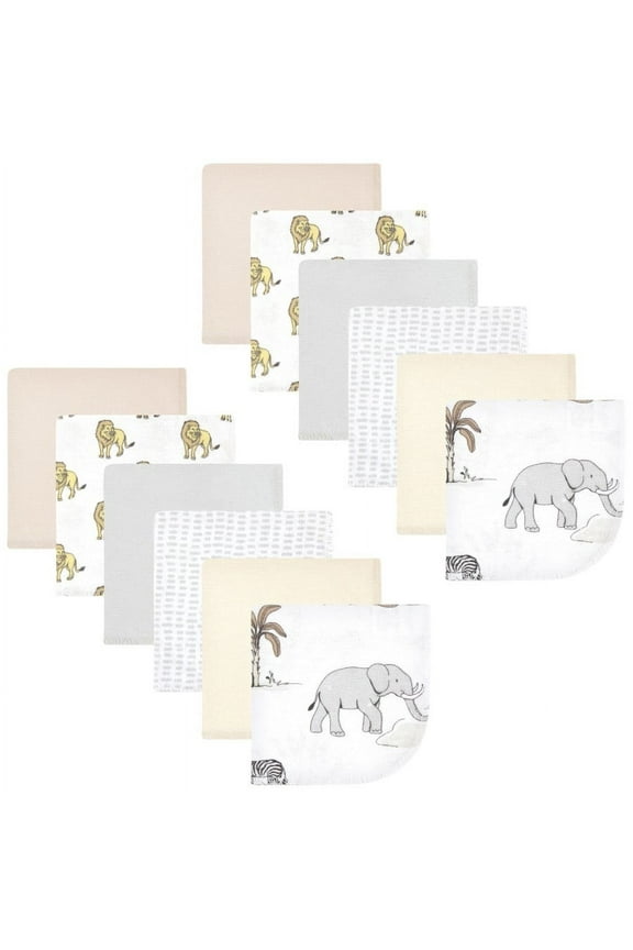 Flannel Cotton Washcloths, Neutral Safari World 12-Pack, One Size